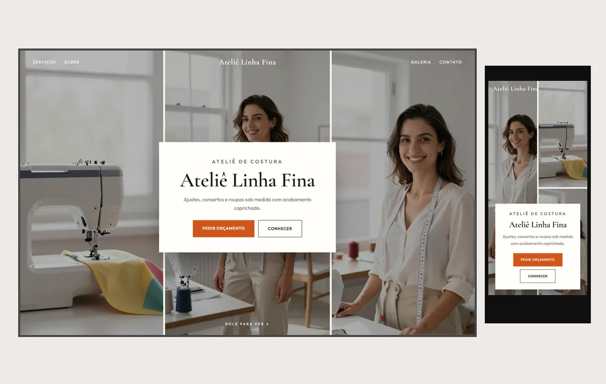 Site de costureira e ateliê no modelo Mosaico Areia
