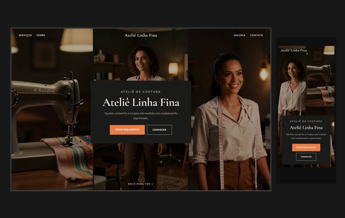Site de costureira e ateliê no modelo Mosaico Carvão