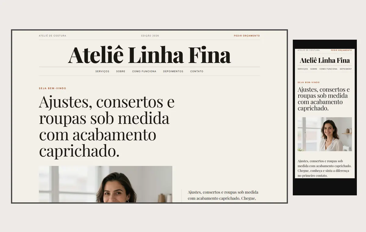 Site de costureira e ateliê no modelo Revista Linho