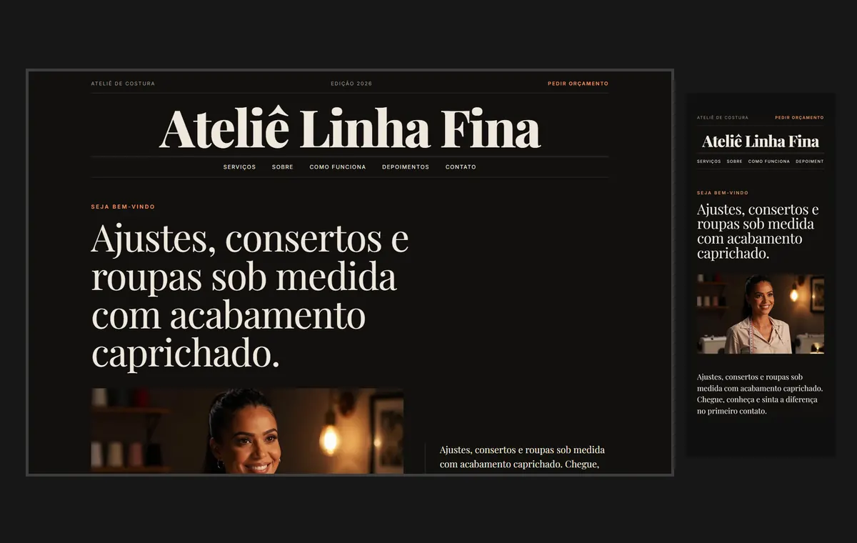 Site de costureira e ateliê no modelo Revista Ébano