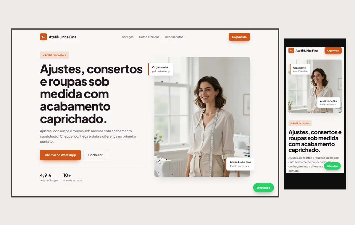Site de costureira e ateliê no modelo Vitrine Aurora