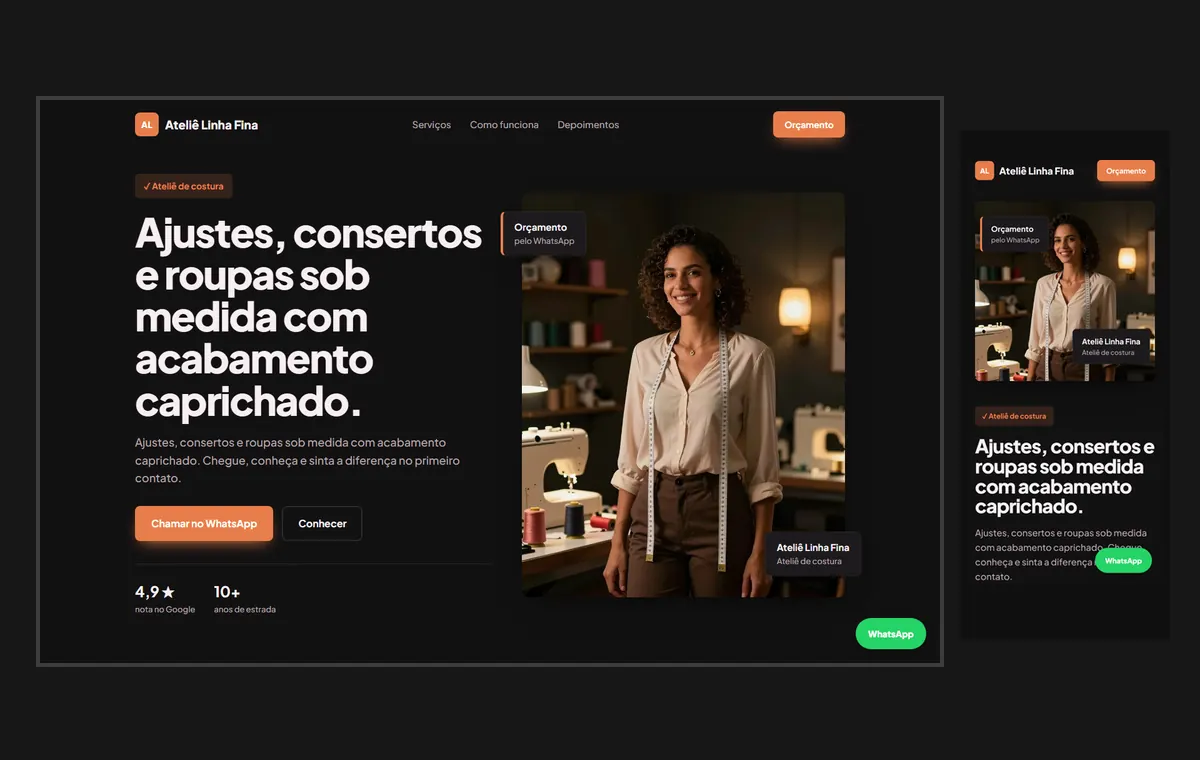 Site de costureira e ateliê no modelo Vitrine Neon
