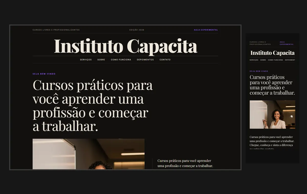 Site de cursos livres e profissionalizantes no modelo Revista Ébano