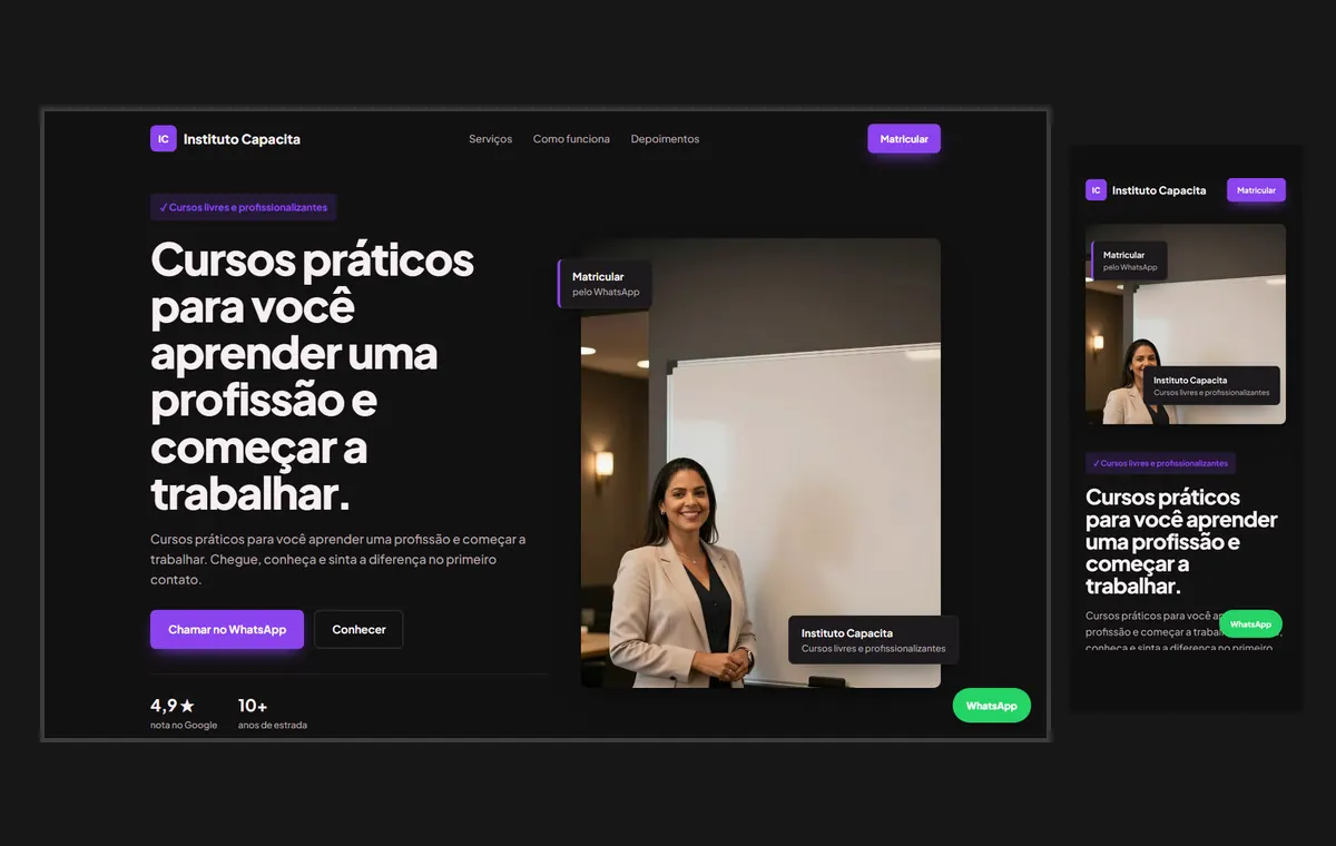 Site de cursos livres e profissionalizantes no modelo Vitrine Neon