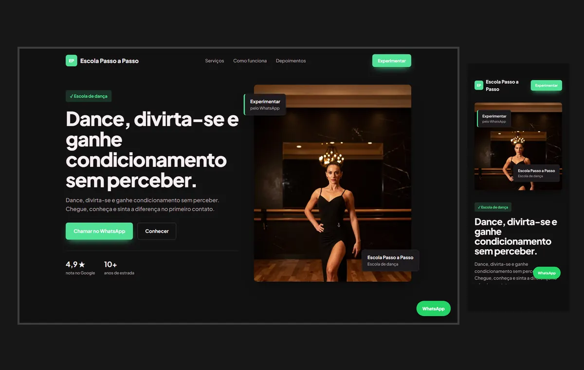 Site de escola de dança no modelo Vitrine Neon