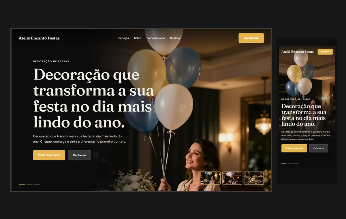 Site de decoração de festas no modelo Cinema Noite