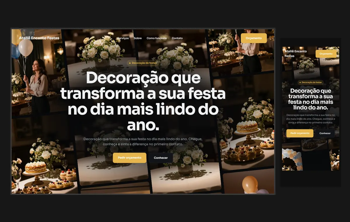 Site de decoração de festas no modelo Fluxo Noite