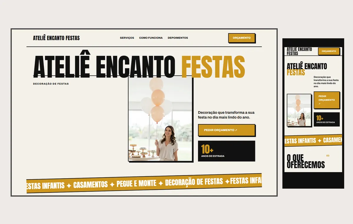 Site de decoração de festas no modelo Impacto Sol