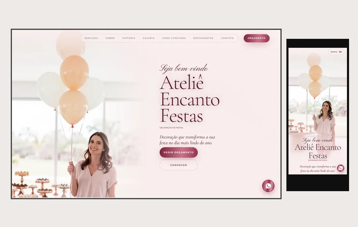 Site de decoração de festas no modelo Luxo Dia
