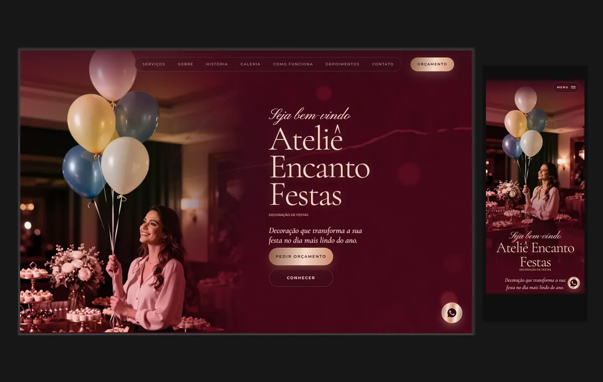 Site de decoração de festas no modelo Luxo Noite