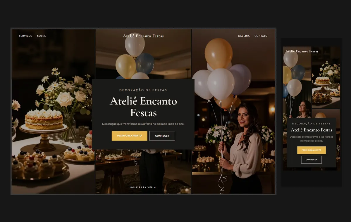 Site de decoração de festas no modelo Mosaico Carvão