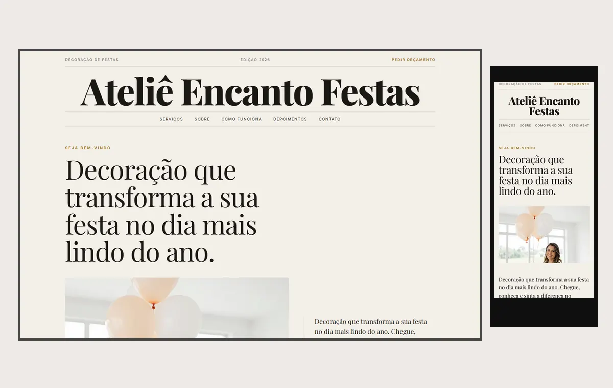 Site de decoração de festas no modelo Revista Linho