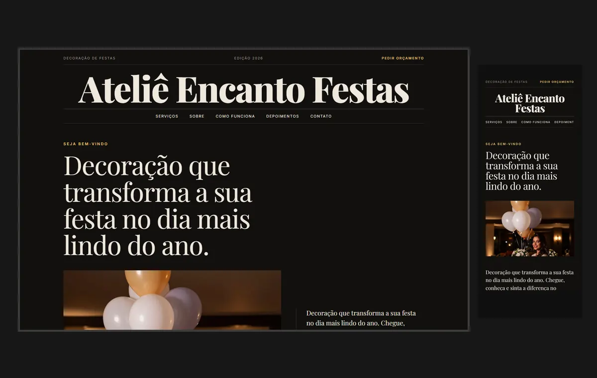 Site de decoração de festas no modelo Revista Ébano