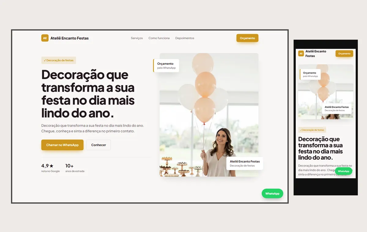 Site de decoração de festas no modelo Vitrine Aurora