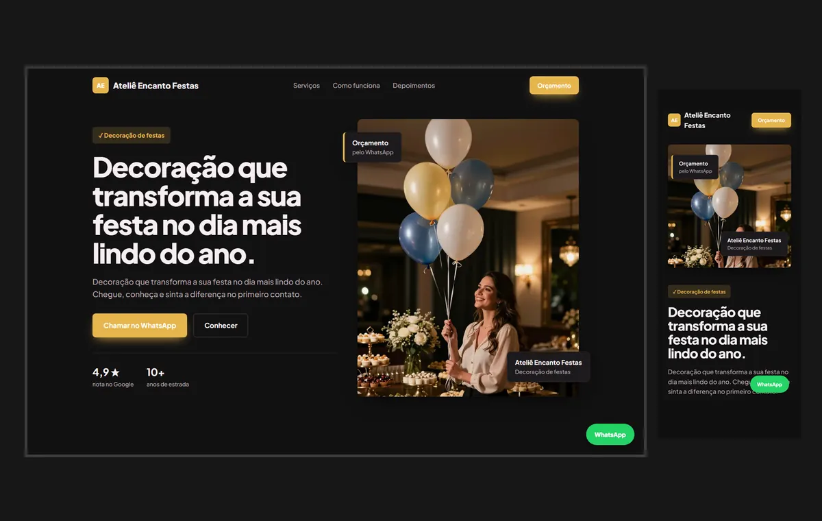 Site de decoração de festas no modelo Vitrine Neon