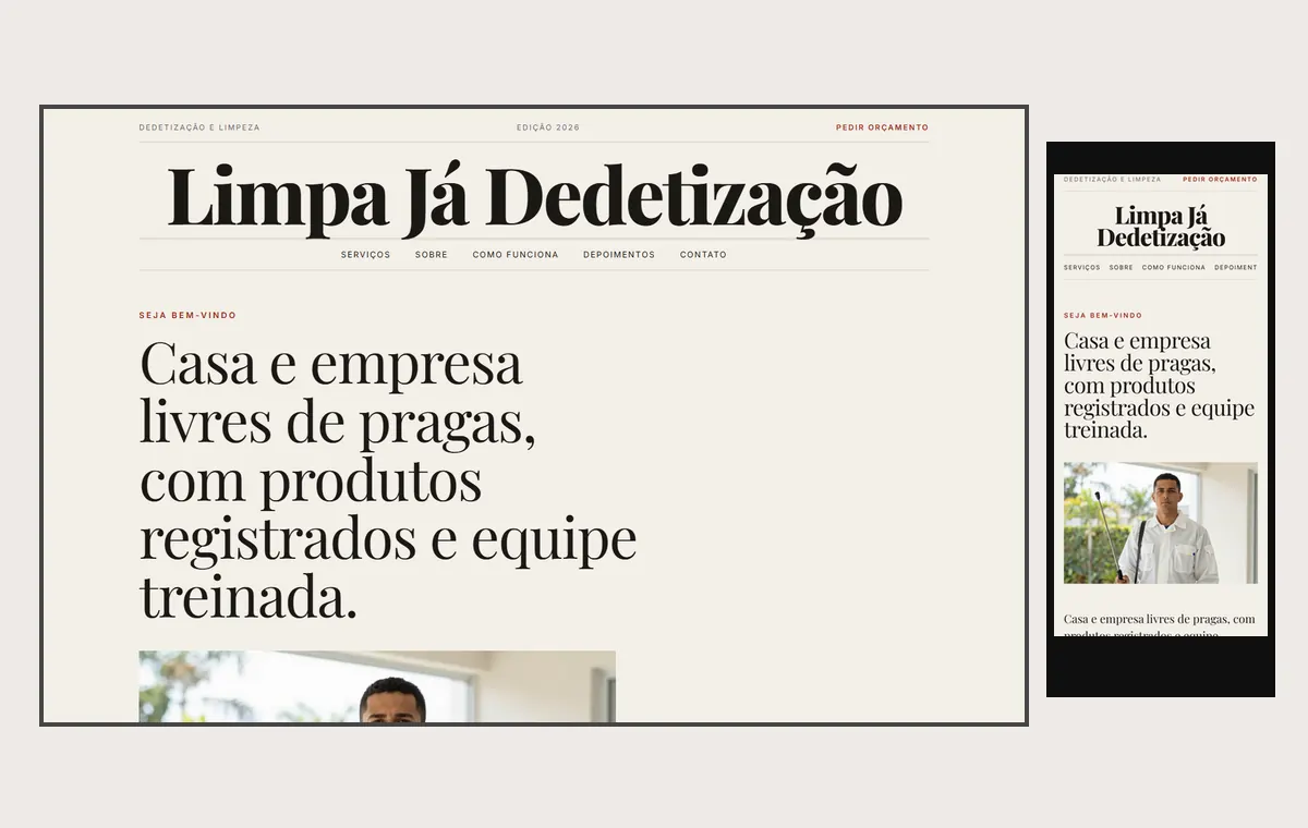 Site de dedetização e limpeza no modelo Revista Linho