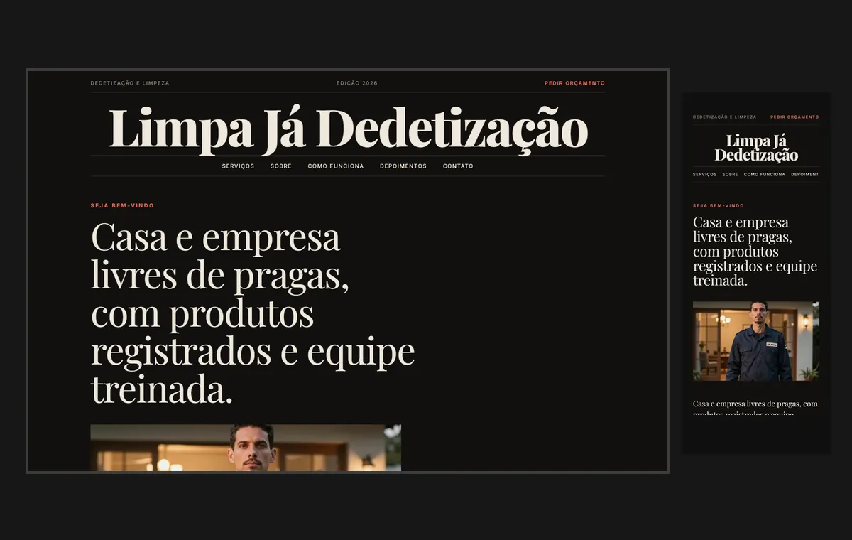 Site de dedetização e limpeza no modelo Revista Ébano