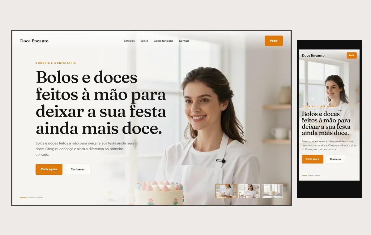 Site de doceria e bolos no modelo Cinema Luz