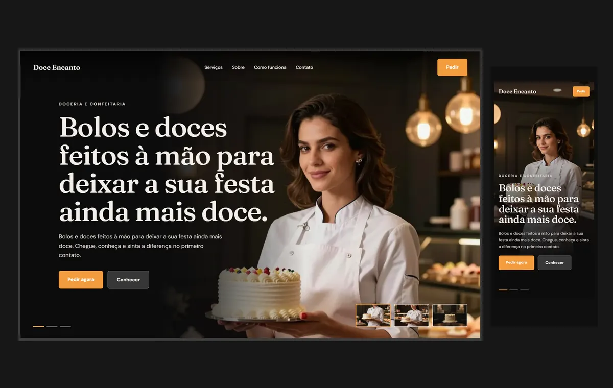 Site de doceria e bolos no modelo Cinema Noite