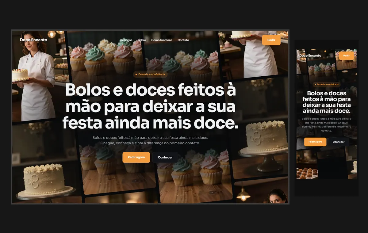 Site de doceria e bolos no modelo Fluxo Noite