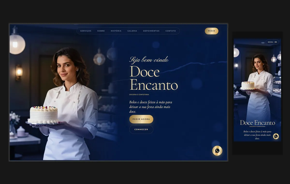 Site de doceria e bolos no modelo Luxo Noite