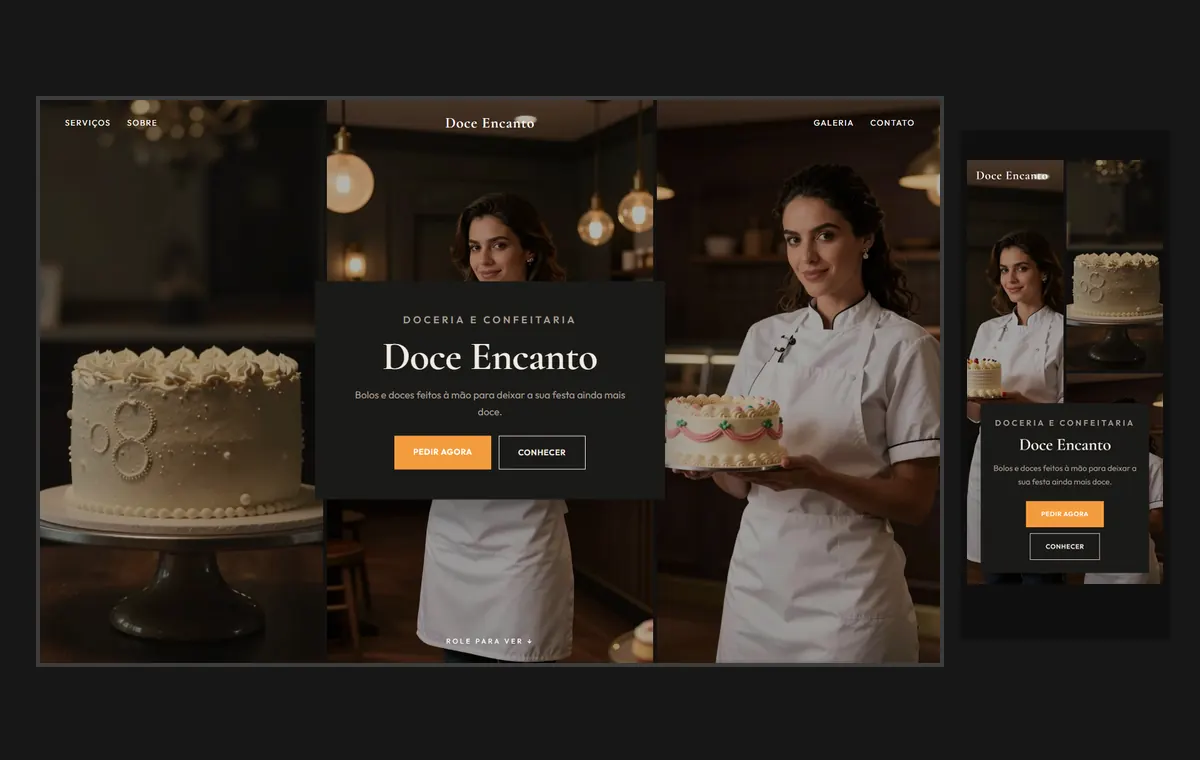 Site de doceria e bolos no modelo Mosaico Carvão