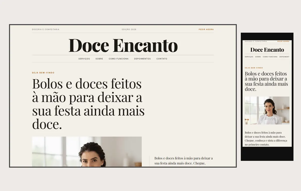 Site de doceria e bolos no modelo Revista Linho