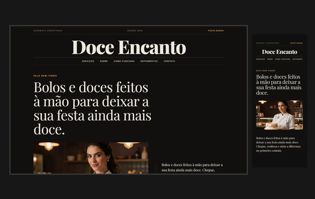 Site de doceria e bolos no modelo Revista Ébano