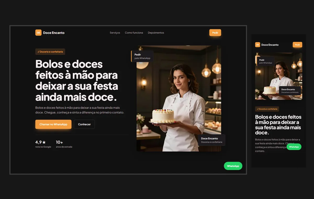 Site de doceria e bolos no modelo Vitrine Neon