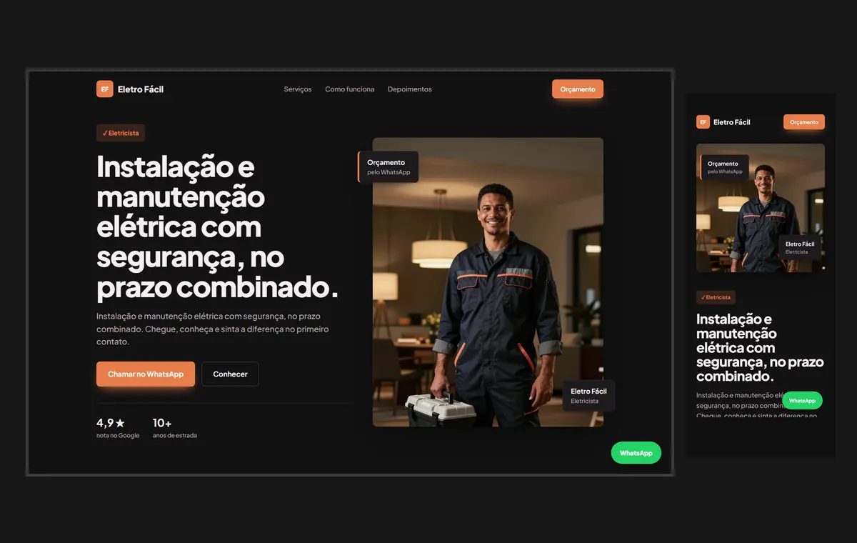 Site de eletricista no modelo Vitrine Neon