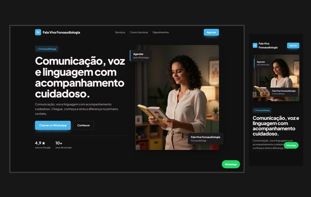 Site de fonoaudiólogo(a) no modelo Vitrine Neon