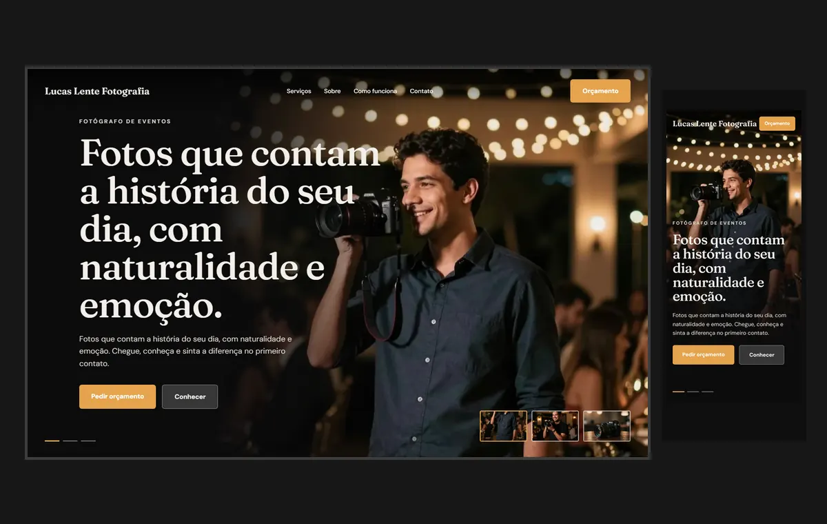 Site de fotógrafo de eventos no modelo Cinema Noite