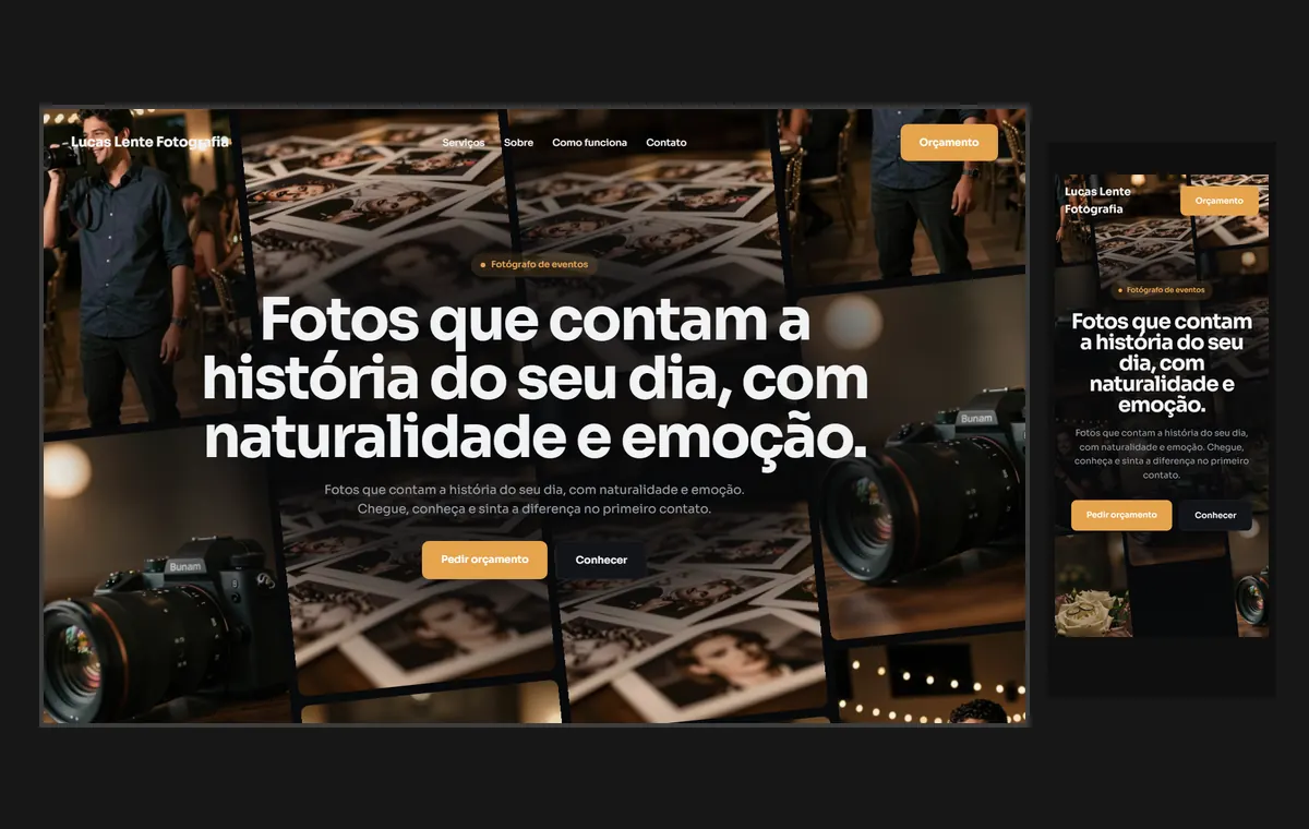 Site de fotógrafo de eventos no modelo Fluxo Noite