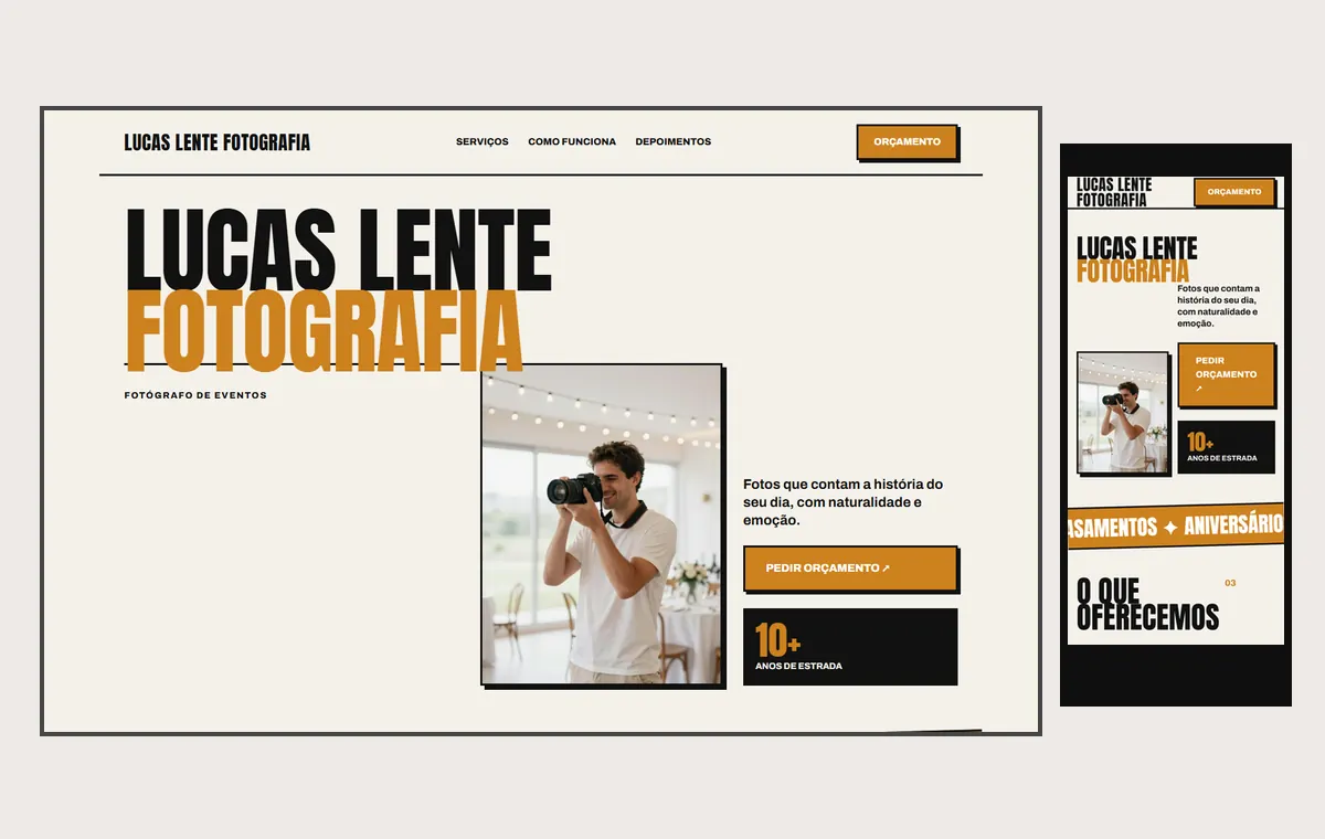 Site de fotógrafo de eventos no modelo Impacto Sol