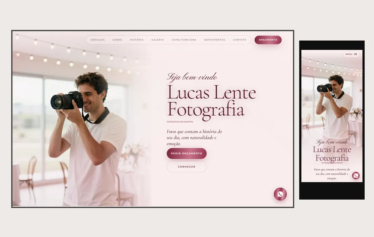 Site de fotógrafo de eventos no modelo Luxo Dia