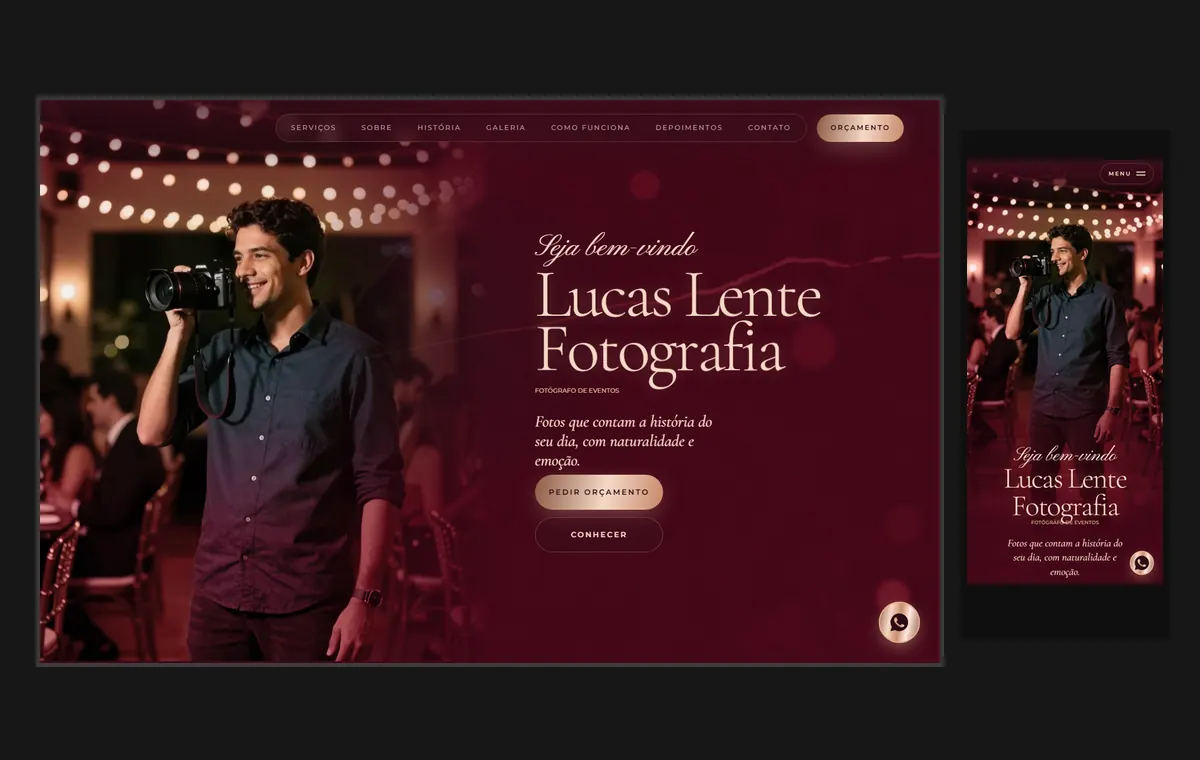 Site de fotógrafo de eventos no modelo Luxo Noite