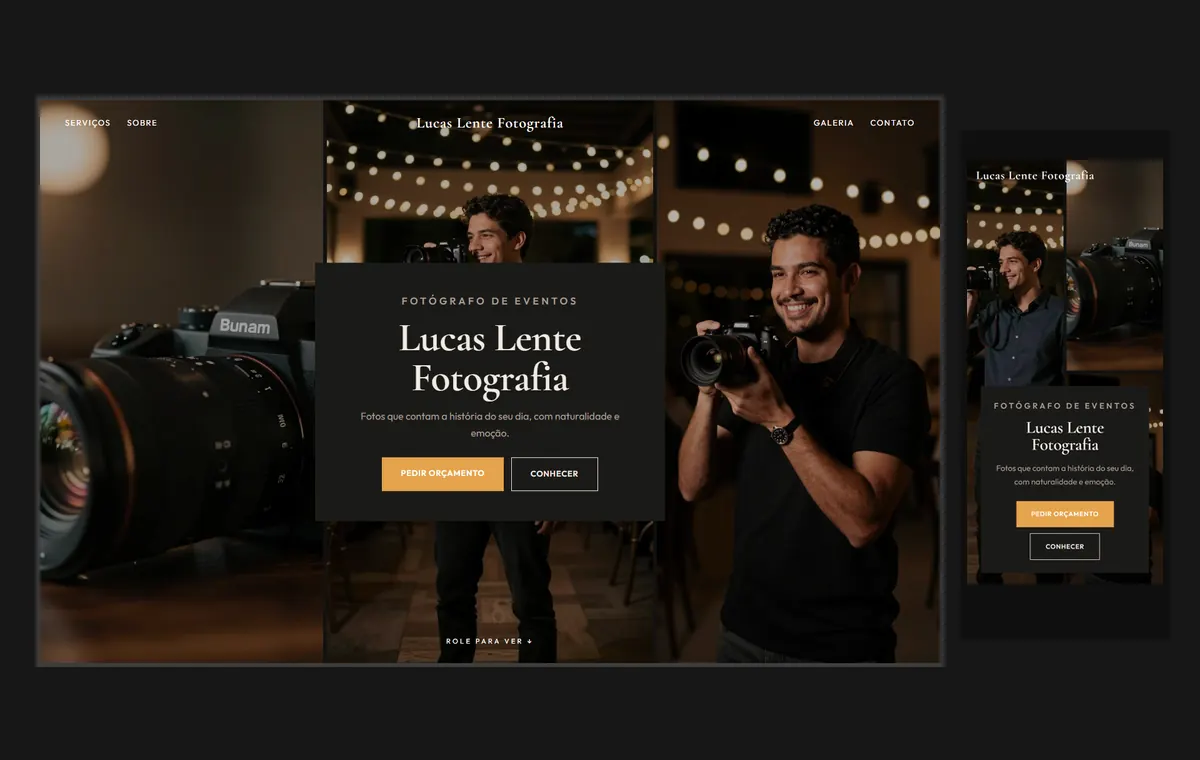 Site de fotógrafo de eventos no modelo Mosaico Carvão