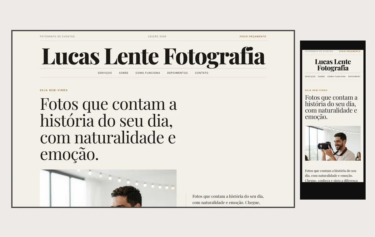 Site de fotógrafo de eventos no modelo Revista Linho