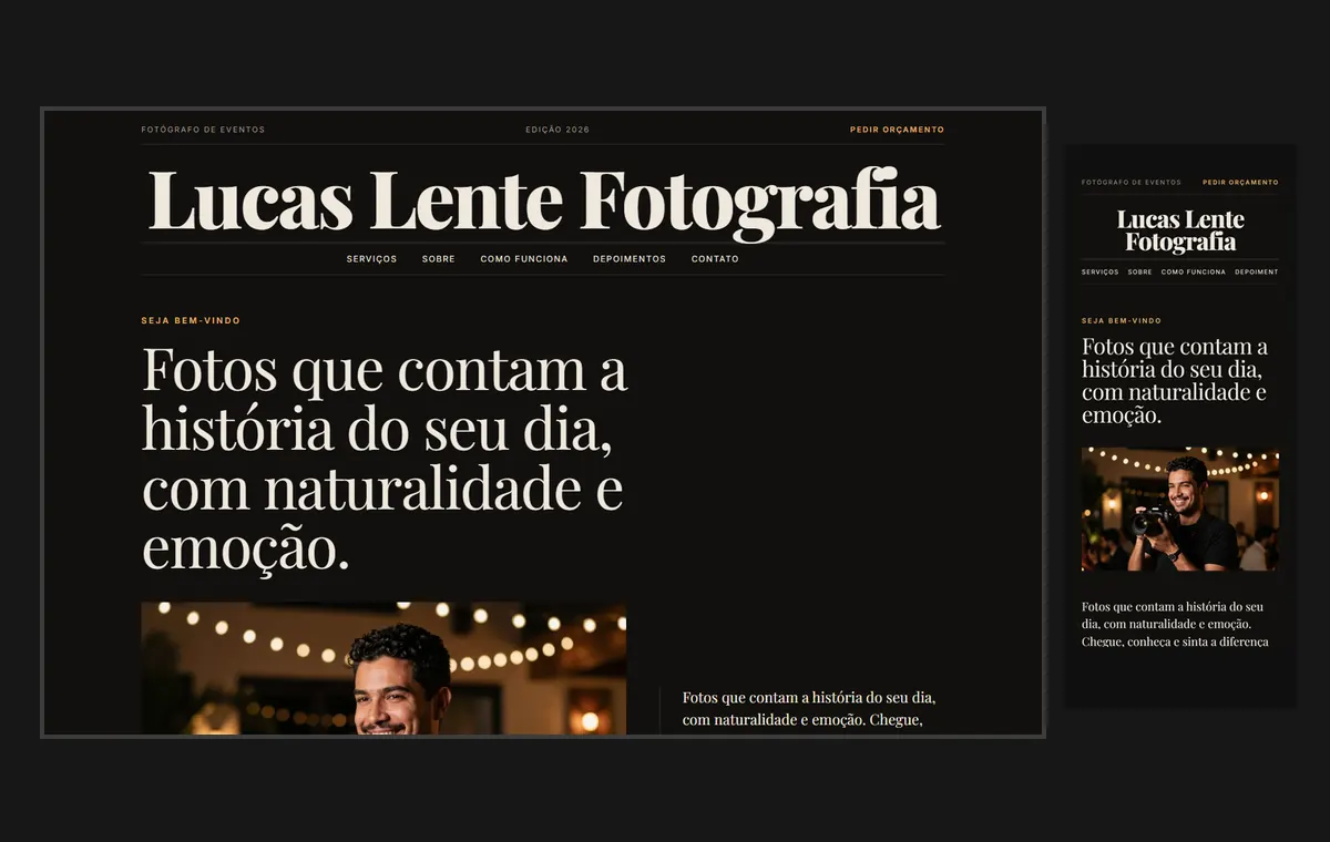 Site de fotógrafo de eventos no modelo Revista Ébano