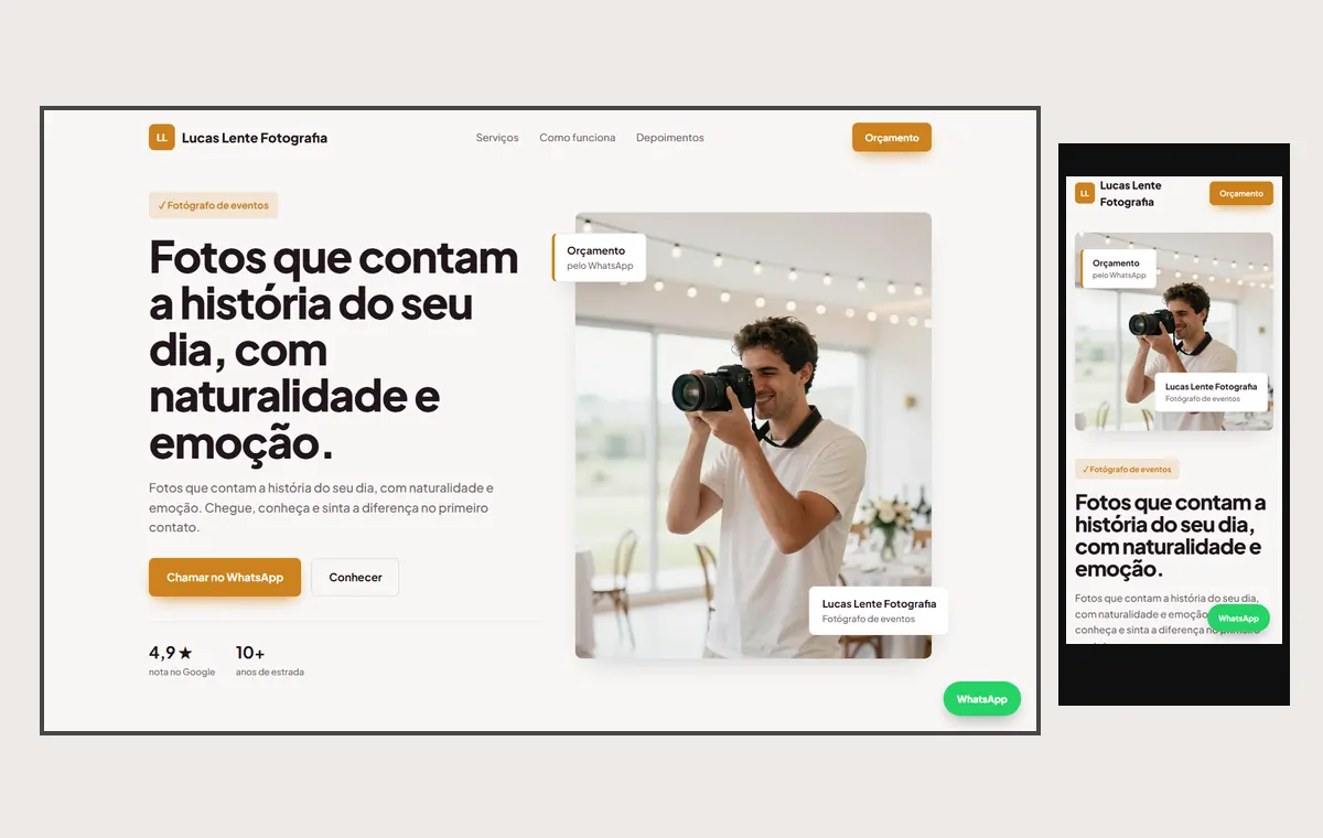 Site de fotógrafo de eventos no modelo Vitrine Aurora