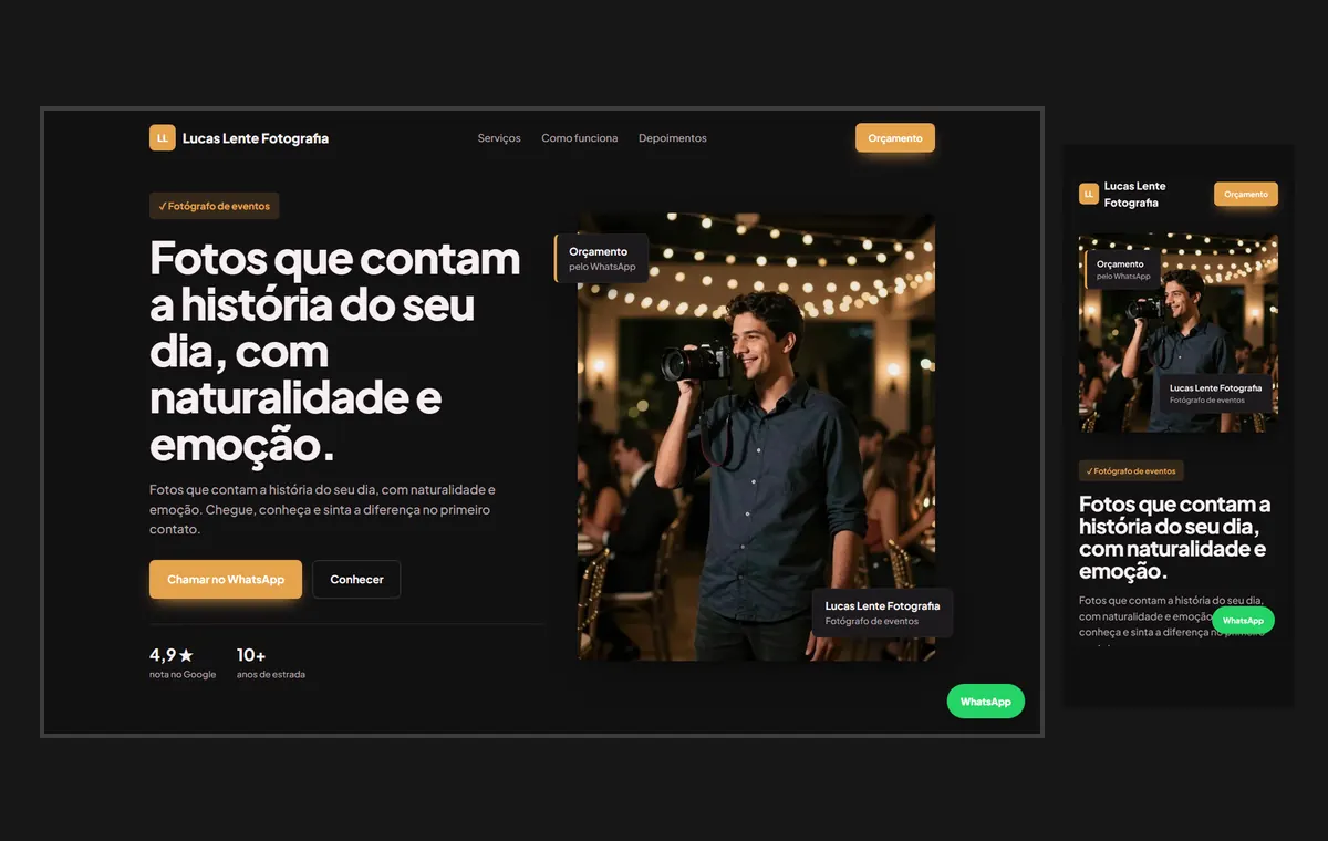 Site de fotógrafo de eventos no modelo Vitrine Neon