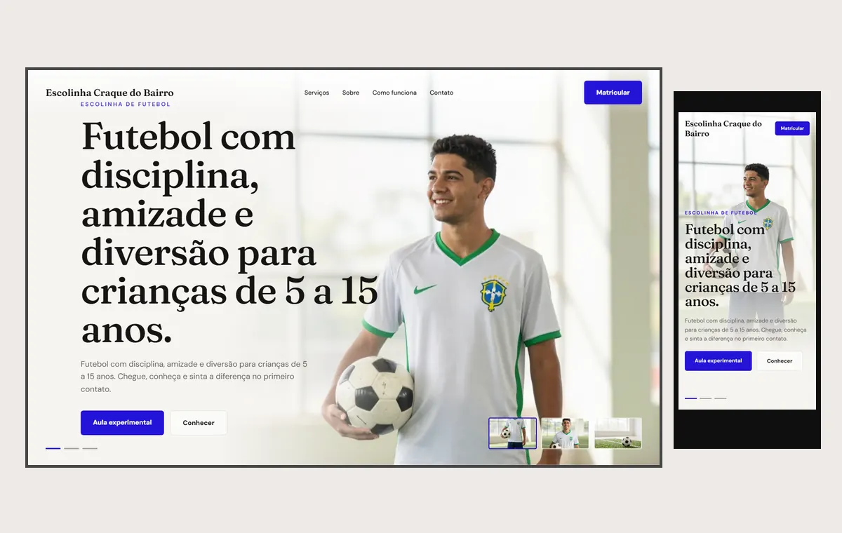 Site de escolinha de futebol e esportes no modelo Cinema Luz
