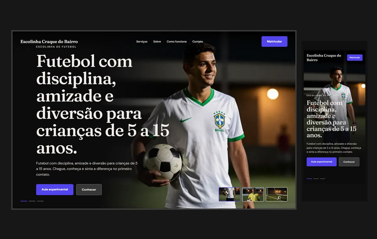 Site de escolinha de futebol e esportes no modelo Cinema Noite