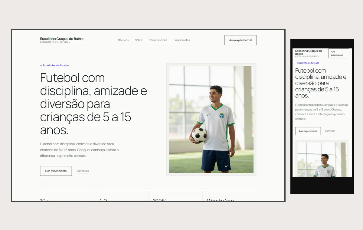 Site de escolinha de futebol e esportes no modelo Clean Nuvem