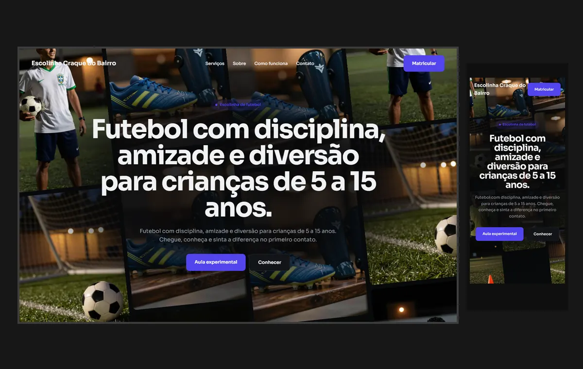 Site de escolinha de futebol e esportes no modelo Fluxo Noite