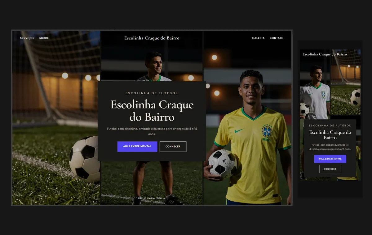 Site de escolinha de futebol e esportes no modelo Mosaico Carvão