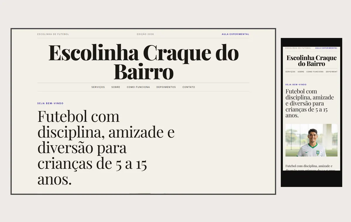 Site de escolinha de futebol e esportes no modelo Revista Linho