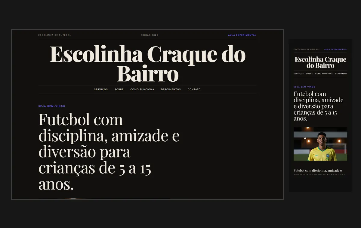 Site de escolinha de futebol e esportes no modelo Revista Ébano