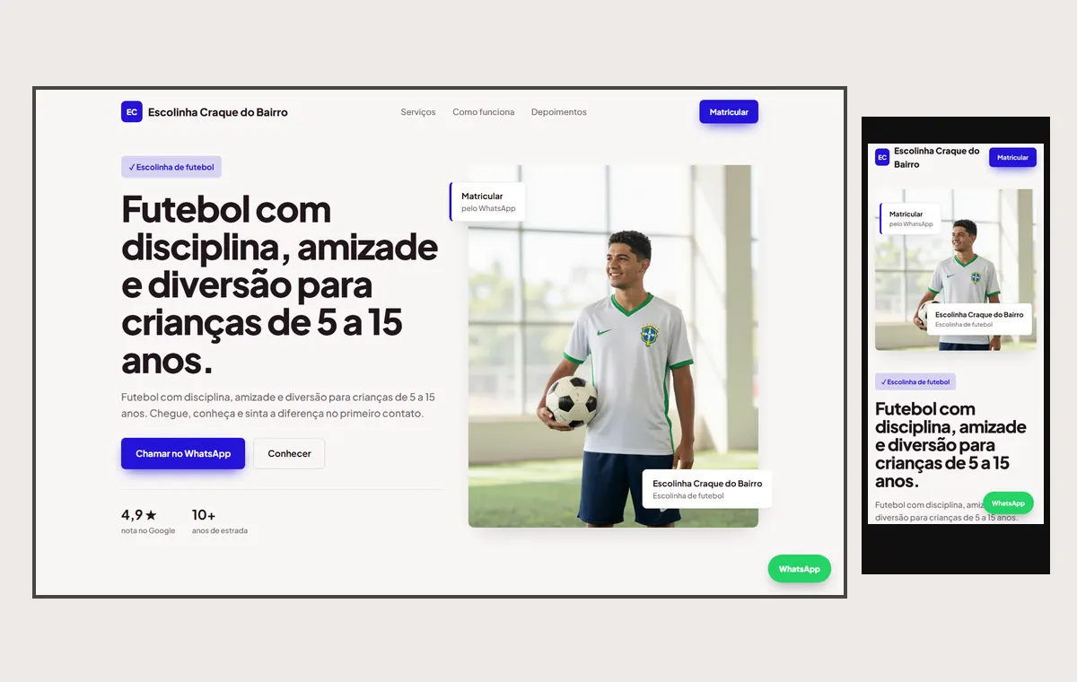 Site de escolinha de futebol e esportes no modelo Vitrine Aurora