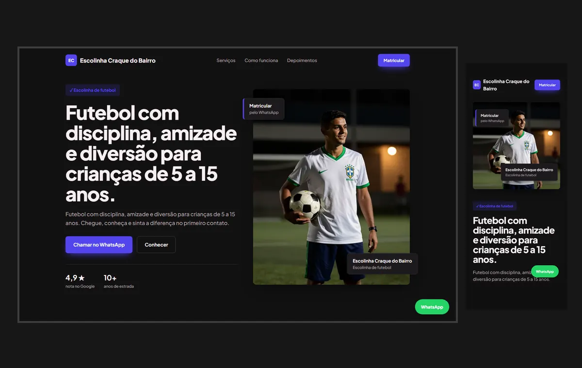 Site de escolinha de futebol e esportes no modelo Vitrine Neon
